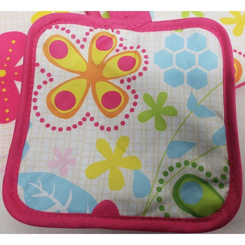 3pc Kitchen Set:1 Pot Holder,1 Oven Mitt,1 Microfiber Towel, Multicolor Flowers,